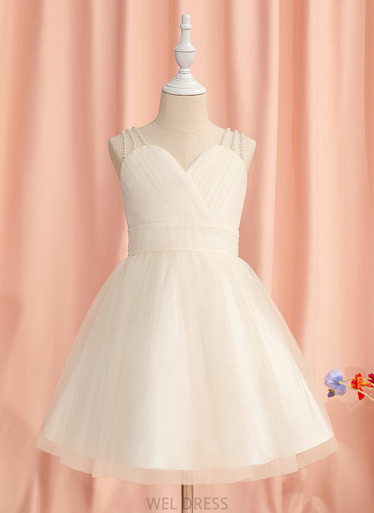 Sleeveless Girl V-neck Dress Ruffles/Beading With Knee-length Tulle Juliette - A-Line Flower Flower Girl Dresses