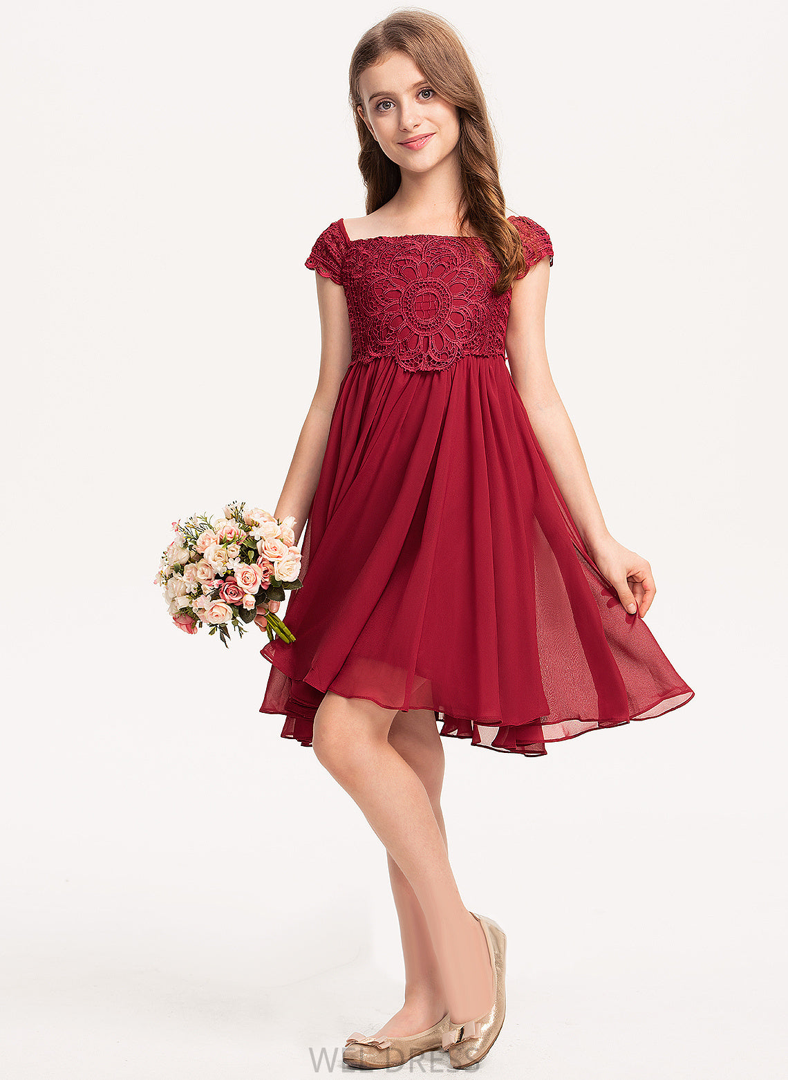 Girl Chiffon Short Flower Girl Dresses Sleeves Square Knee-length Neckline Flower - A-Line Dress Gabriela