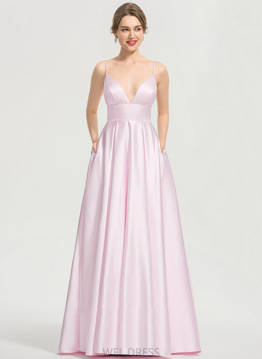 Satin With Floor-Length Pockets Jacqueline A-Line Prom Dresses V-neck