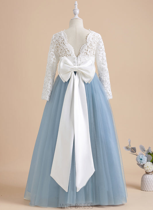 Dress Long Ball-Gown/Princess Braelyn Bow(s)/V Tulle/Lace Scoop Flower Girl Dresses With Girl Neck Flower - Floor-length Back Sleeves