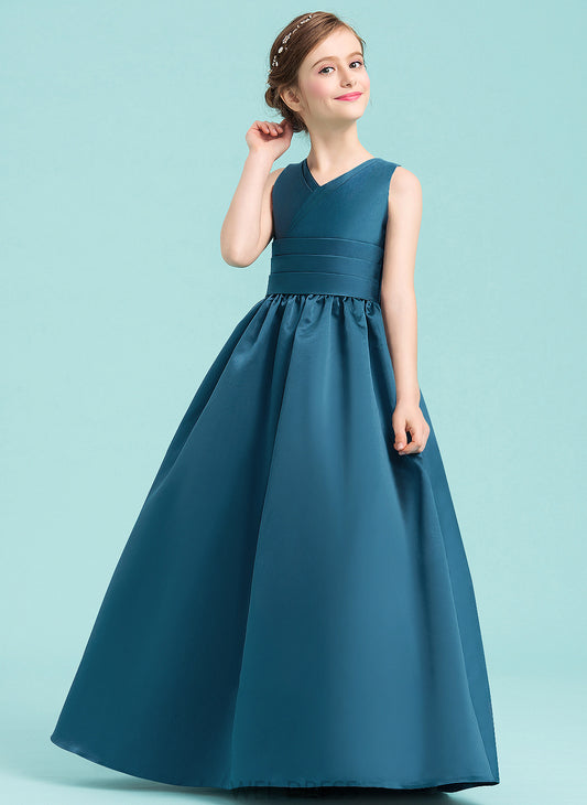 Floor-Length With Junior Bridesmaid Dresses Ruffle V-neck Satin Shaylee Ball-Gown/Princess