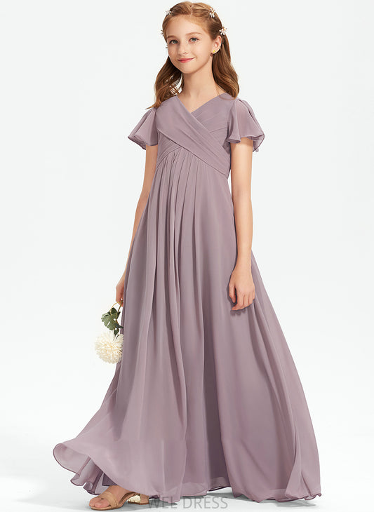 Junior Bridesmaid Dresses With Chiffon A-Line V-neck Floor-Length Ruffle Natasha