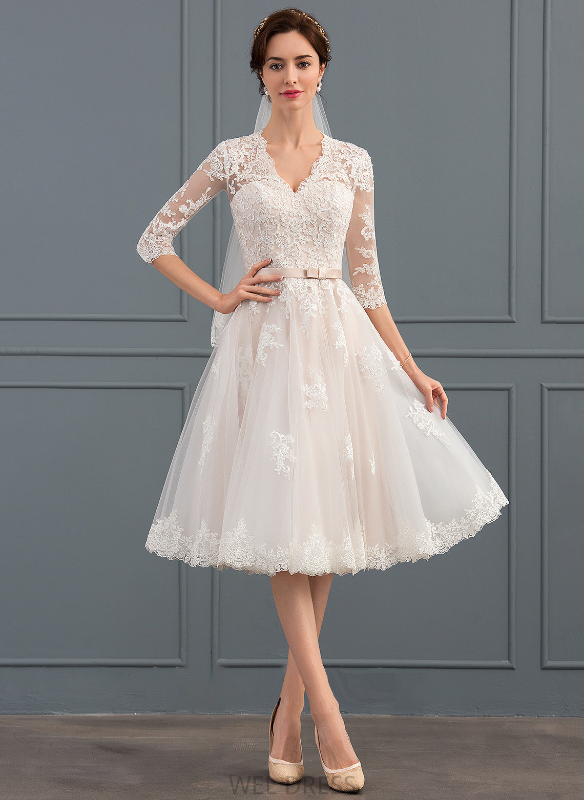 Dress With V-neck A-Line Wedding Tulle Tania Knee-Length Bow(s) Wedding Dresses