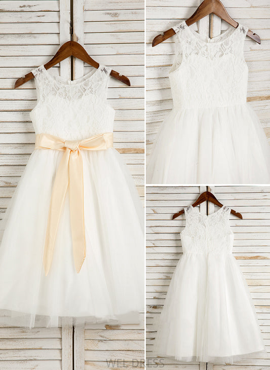 Girl Sleeveless Angeline Neck Tulle/Lace Flower Tea-length Scoop - Sash/Bow(s) A-Line/Princess With Flower Girl Dresses Dress