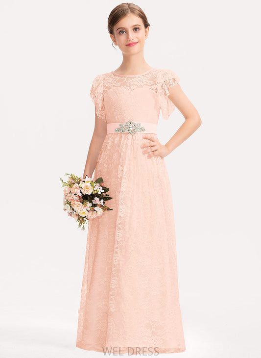 Beading A-Line Bow(s) Junior Bridesmaid Dresses Cascading Scoop Lace Neck With Ruffles Rachael Floor-Length