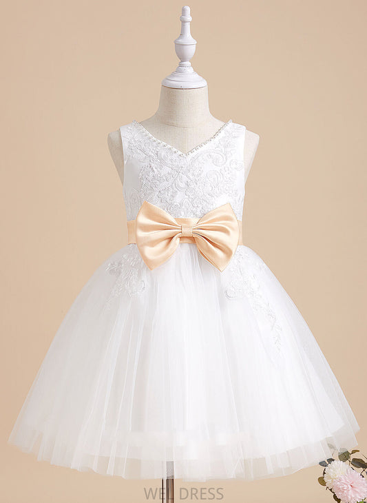 V-neck Flower Girl Dresses Knee-length A-Line - With Girl Flower Sash/Beading/Bow(s) Tulle/Lace Ellen Dress Sleeveless