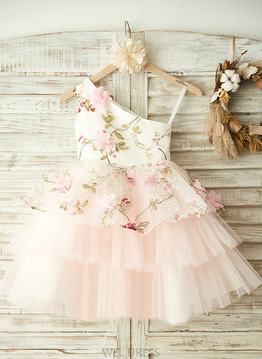 A-Line - Knee-length Sleeveless Flower(s) Marlie Tulle Girl Flower Dress Flower Girl Dresses One-Shoulder With