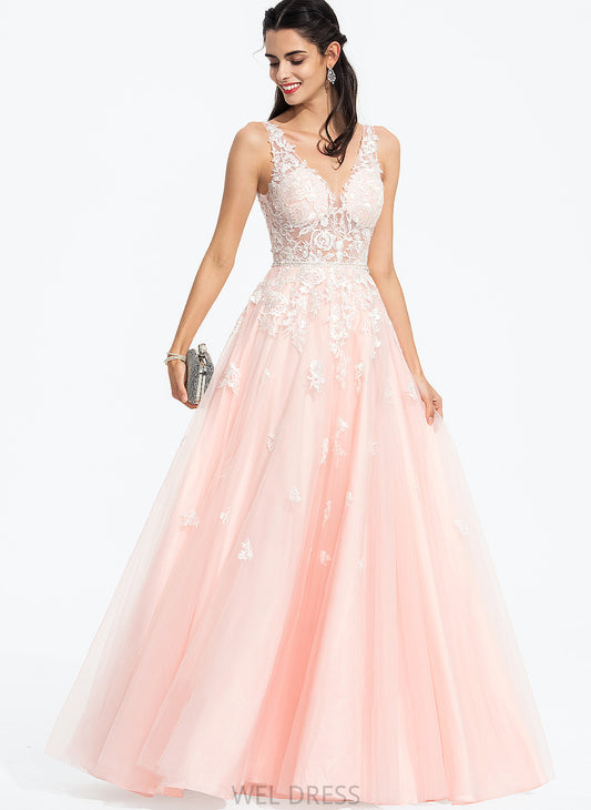 Floor-Length Sequins Ball-Gown/Princess V-neck Dayana Prom Dresses With Beading Tulle