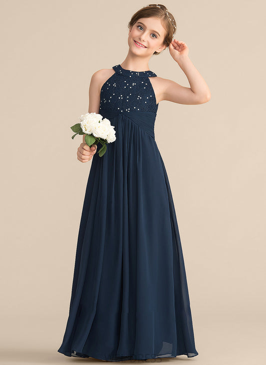 Ruffle Junior Bridesmaid Dresses Neck Kimora With Chiffon Scoop Lace A-Line Beading Floor-Length