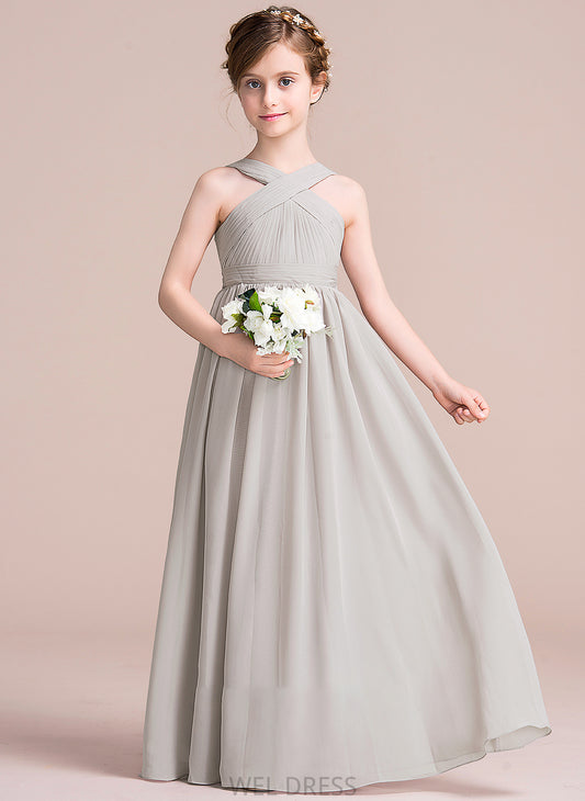 Bow(s) Mara Ruffle Junior Bridesmaid Dresses V-neck Floor-Length A-Line Chiffon With