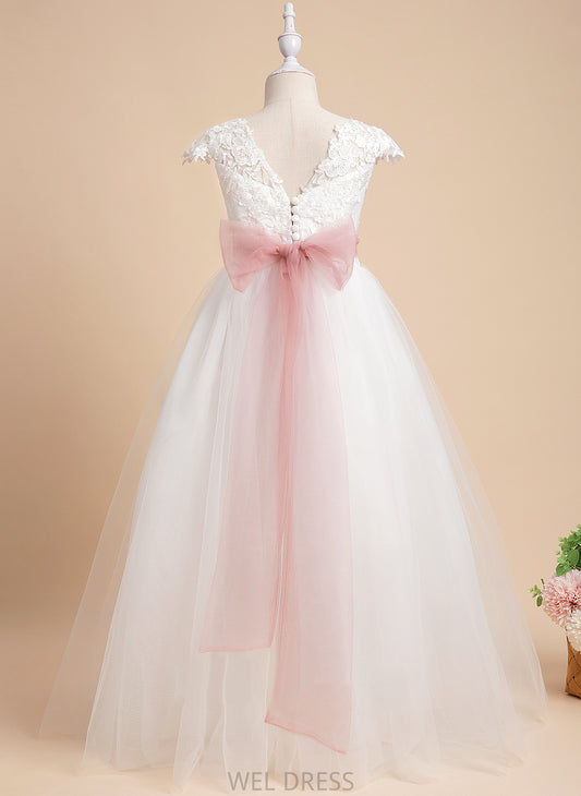 Lace/Sash Scoop Dress With Floor-length Girl Neck Lace Yuliana - Ball-Gown/Princess Flower Girl Dresses Flower Sleeveless