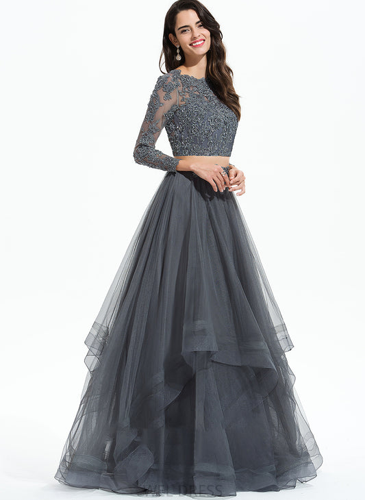 Beading Neck Ball-Gown/Princess Sequins With Scoop Prom Dresses Tulle Evelyn Floor-Length