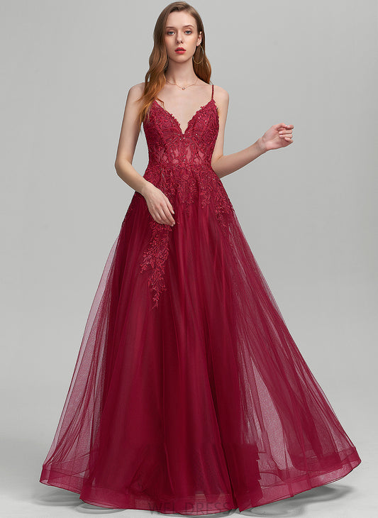 Beading Prom Dresses Ball-Gown/Princess Floor-Length Sequins With V-neck Tulle Ashlyn