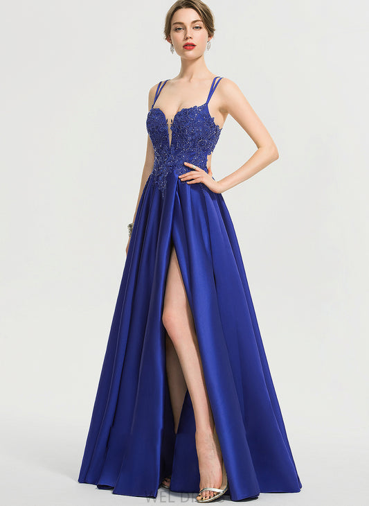 With V-neck Kristen Ball-Gown/Princess Split Prom Dresses Satin Sequins Floor-Length Front