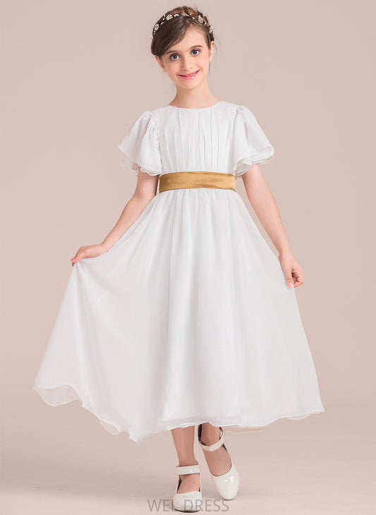 With Sash A-Line Sleeves Chiffon/Charmeuse Scoop Girl - Flower Girl Dresses Kim Dress Tea-length Neck Short Flower