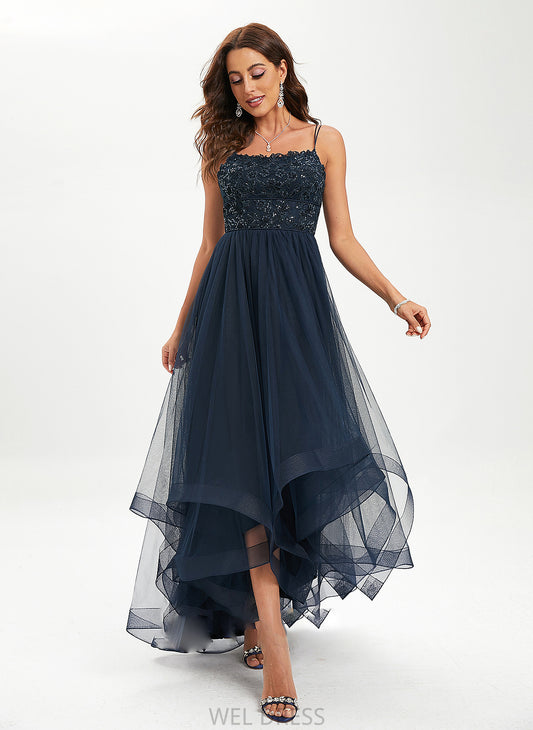 Tulle Sequins Neck Lace Prom Dresses Ball-Gown/Princess Asymmetrical Scoop With Adelaide