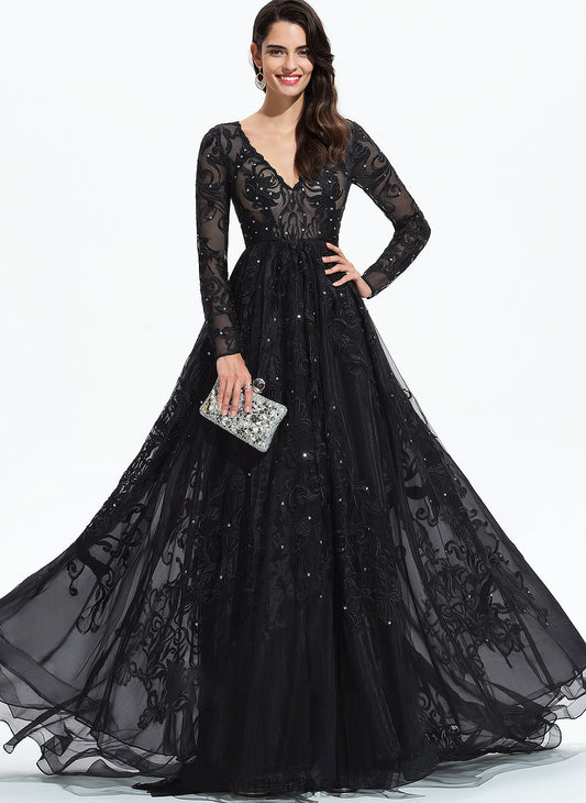 Sequins Sweep With Tulle Lana Ball-Gown/Princess V-neck Lace Prom Dresses Train