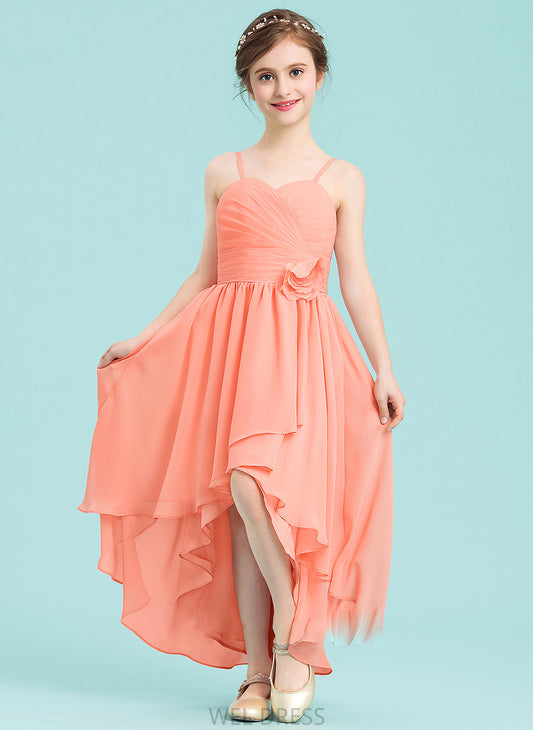 Tiara Ruffle Chiffon Asymmetrical A-Line Sweetheart Junior Bridesmaid Dresses Flower(s) With