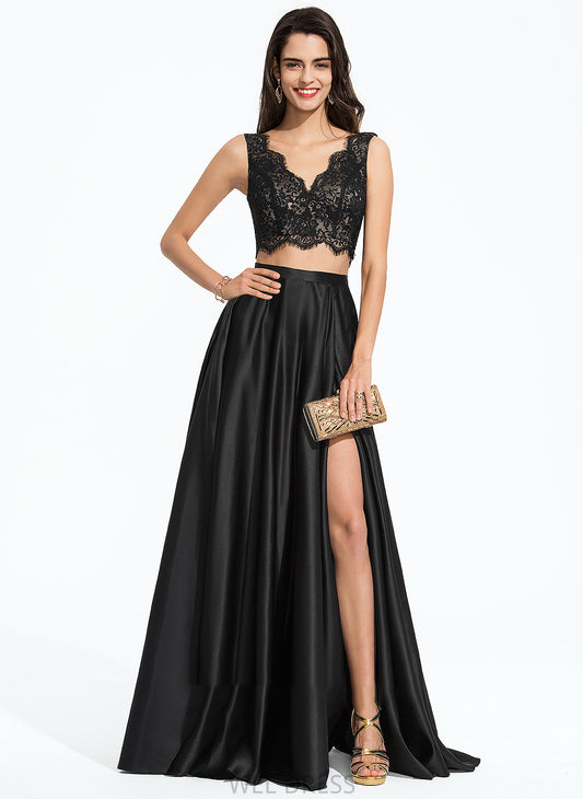 Split Front V-neck A-Line Satin Monique Floor-Length Prom Dresses With