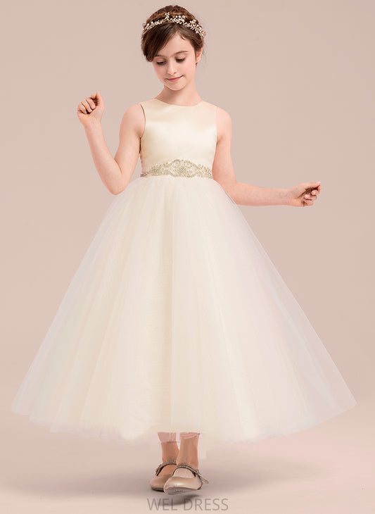 With Dress A-Line Flower Girl Dresses Rylie - Girl Satin/Tulle Beading Scoop Flower Ankle-length Sleeveless Neck