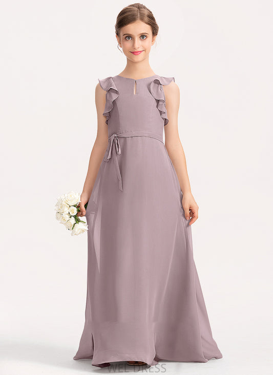 Cascading Chiffon Neck Floor-Length Mikaela Ruffles A-Line Scoop With Junior Bridesmaid Dresses Bow(s)