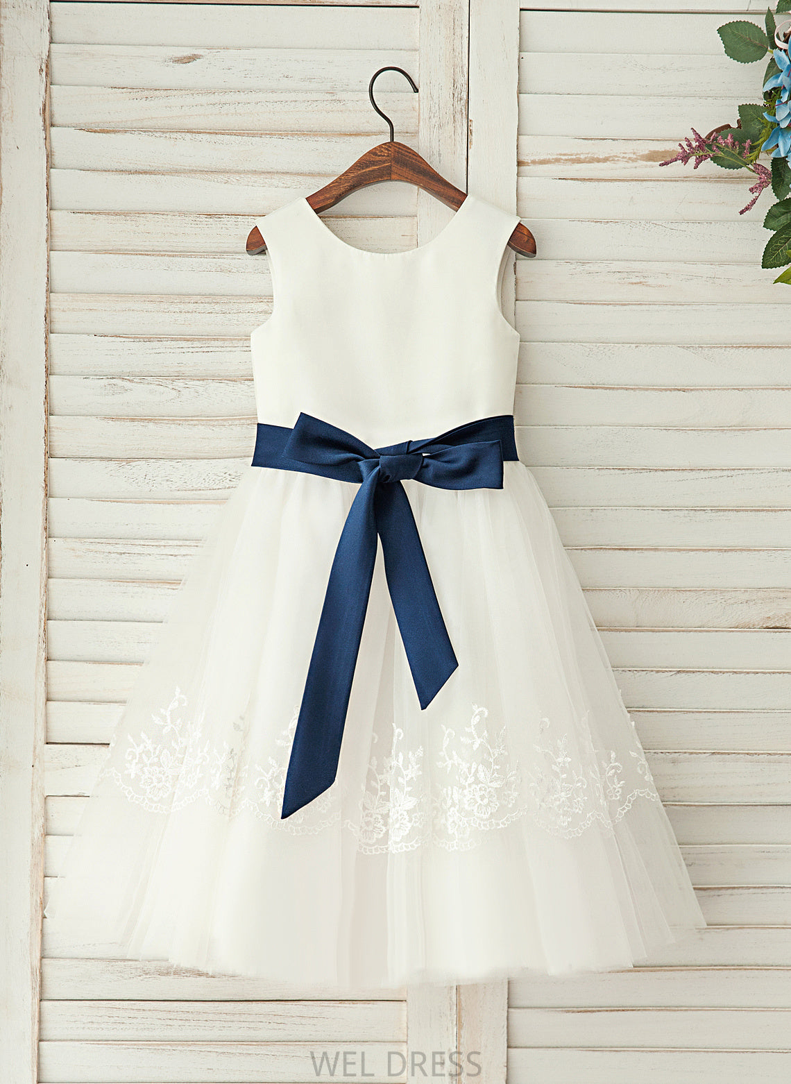 Satin/Lace Flower Dress Scoop Tea-length A-Line/Princess Sleeveless Neck - Flower Girl Dresses With Valentina Girl Sash