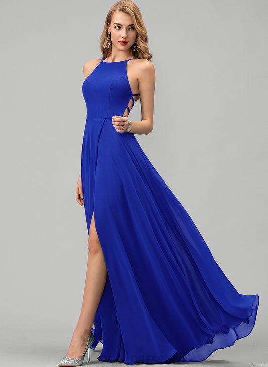 Neck Front Floor-Length Scoop A-Line With Julie Split Prom Dresses Chiffon