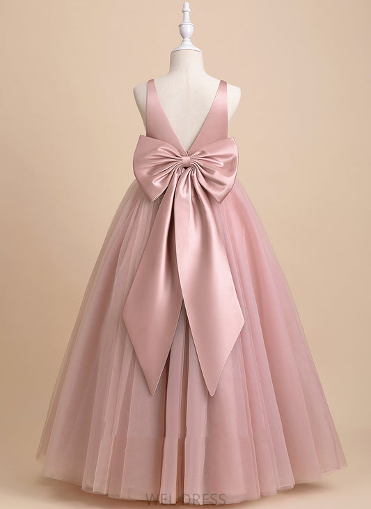 Ball-Gown/Princess Floor-length Flower V-neck Girl - Flower Girl Dresses Back With Bow(s)/V Dress Sabrina Tulle Sleeveless