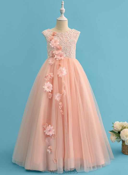 Floor-length Sleeveless Flower Girl Scoop Flower Girl Dresses - Dress With Neck Ball-Gown/Princess Beading/Flower(s) Tulle/Lace Amya