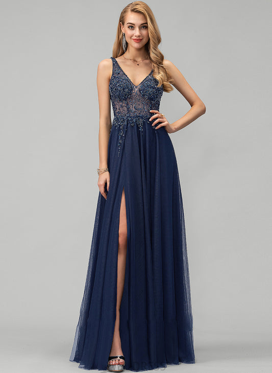 Phoebe V-neck Sequins Beading Split A-Line Front Prom Dresses With Tulle Floor-Length