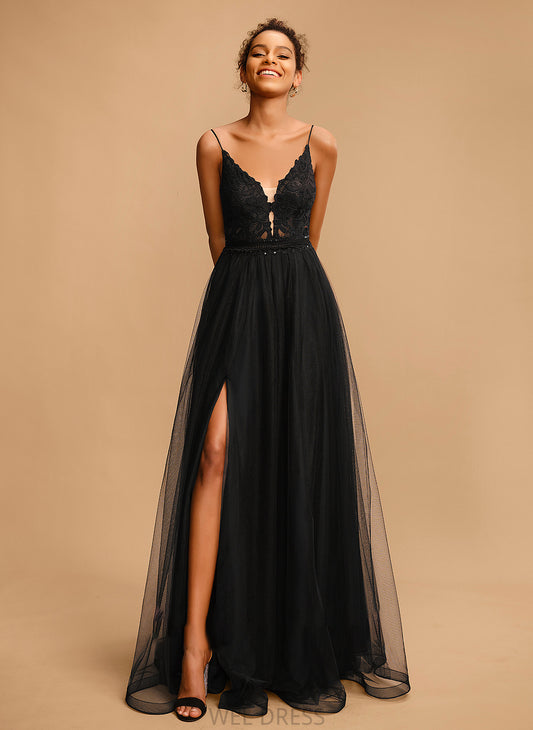 Ball-Gown/Princess Floor-Length V-neck Aiyana Lace With Sequins Tulle Prom Dresses