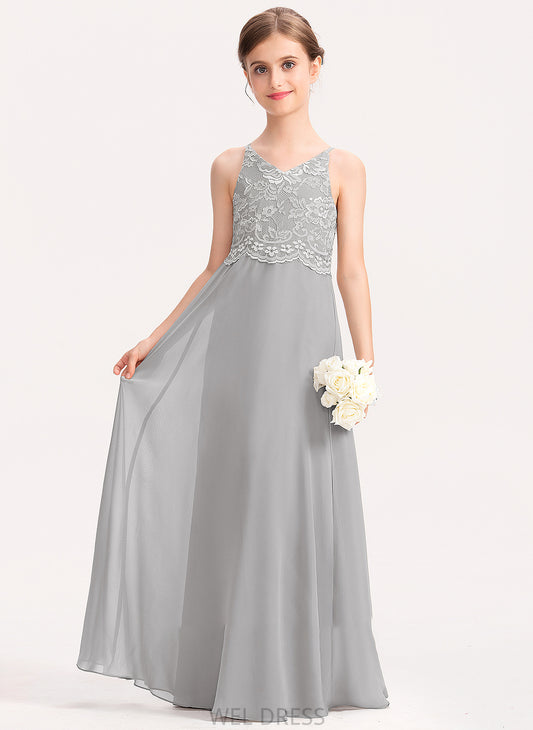 Floor-Length Lace Jazmin A-Line V-neck Junior Bridesmaid Dresses Chiffon