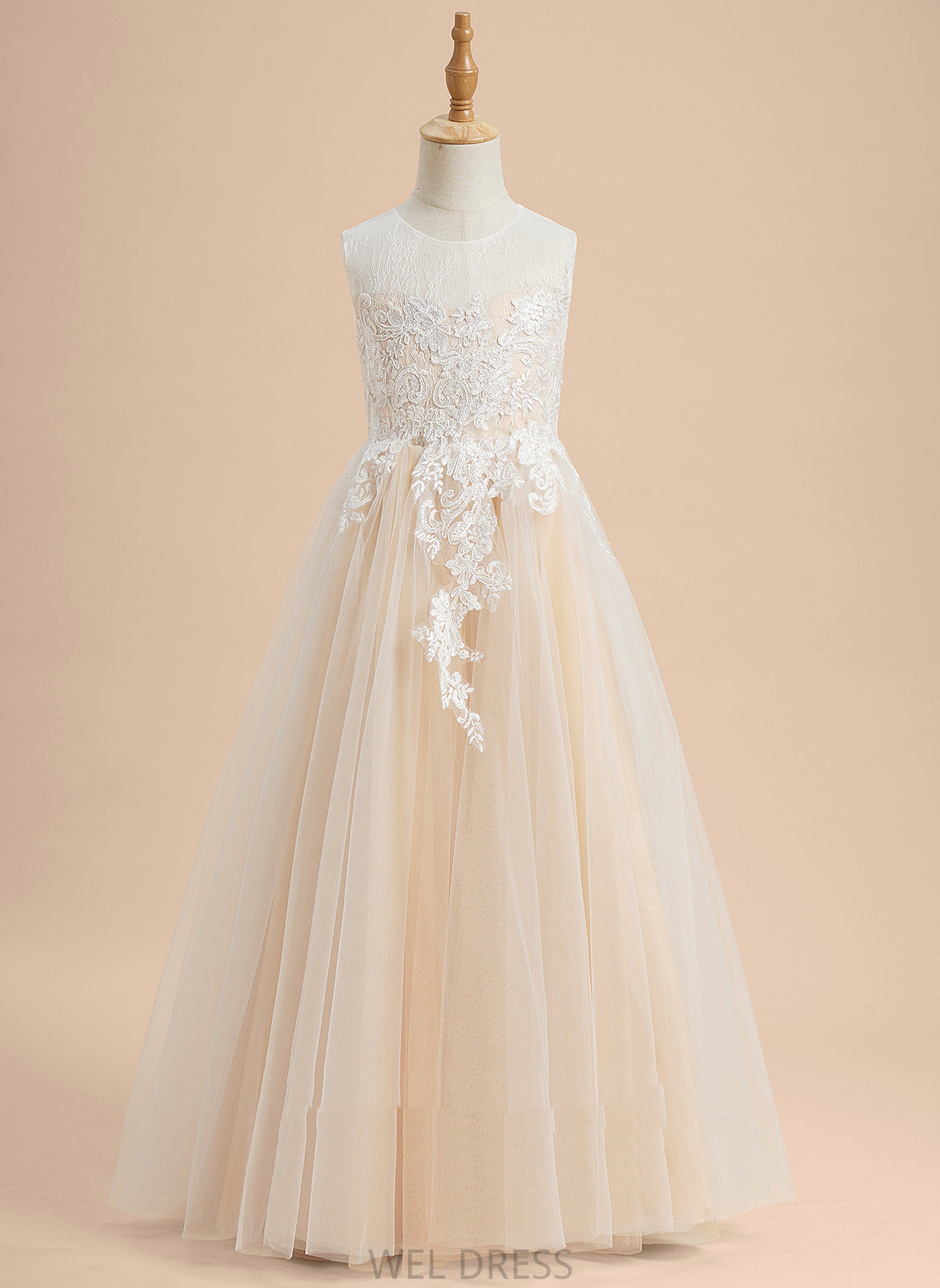 With Flower Girl Dresses - Sleeveless Amira Lace/Beading Scoop A-Line Neck Flower Floor-length Tulle Girl Dress