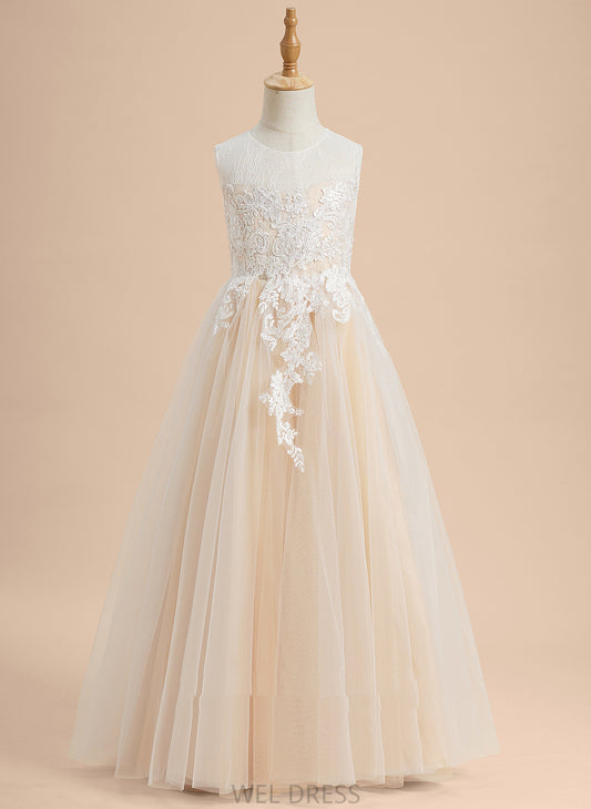 With Flower Girl Dresses - Sleeveless Amira Lace/Beading Scoop A-Line Neck Flower Floor-length Tulle Girl Dress