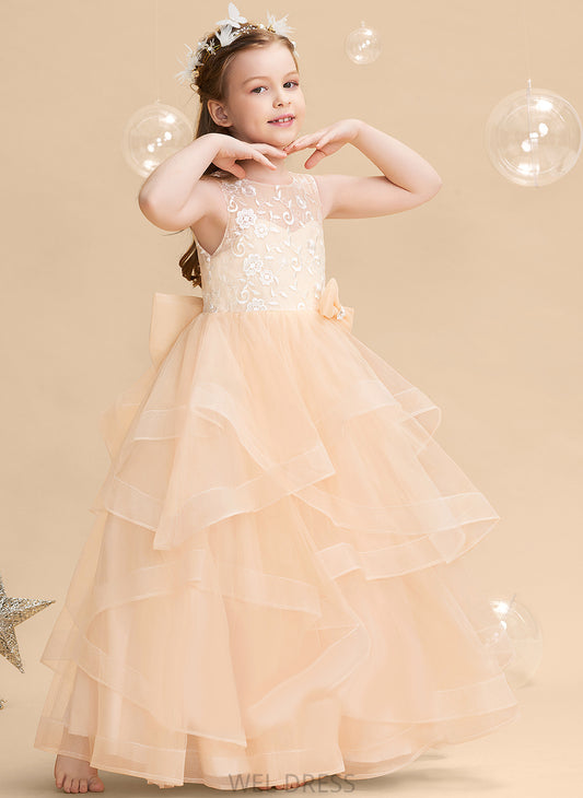 Flower Dress Scalloped Tulle Girl - Neck Floor-length Ball-Gown/Princess Lace/Flower(s)/Bow(s)/V With Sleeveless Flower Girl Dresses Back Haleigh