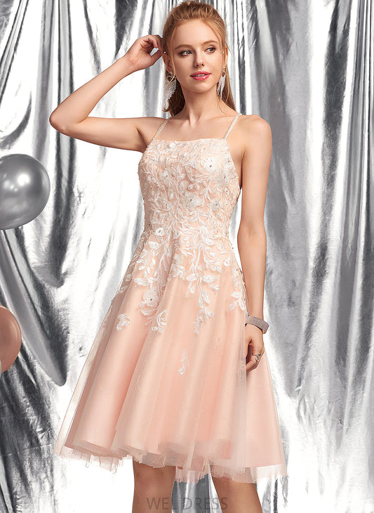 Beading Ciara With Square Sequins Neckline Tulle A-Line Prom Dresses Knee-Length