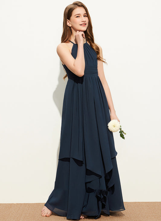 Neck With Cascading Floor-Length Ruffles Skye Chiffon A-Line Junior Bridesmaid Dresses Scoop