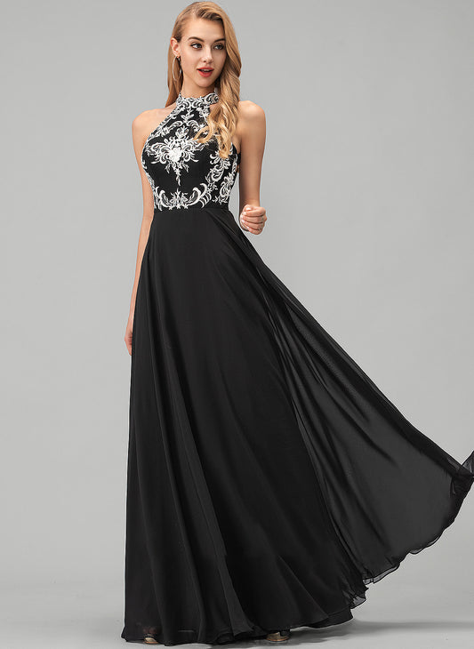 Prom Dresses Floor-Length Scoop A-Line Lace Amari With Chiffon Neck