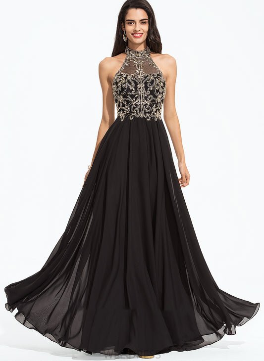 Floor-Length Prom Dresses Nathaly Chiffon Beading With A-Line High Neck Sequins