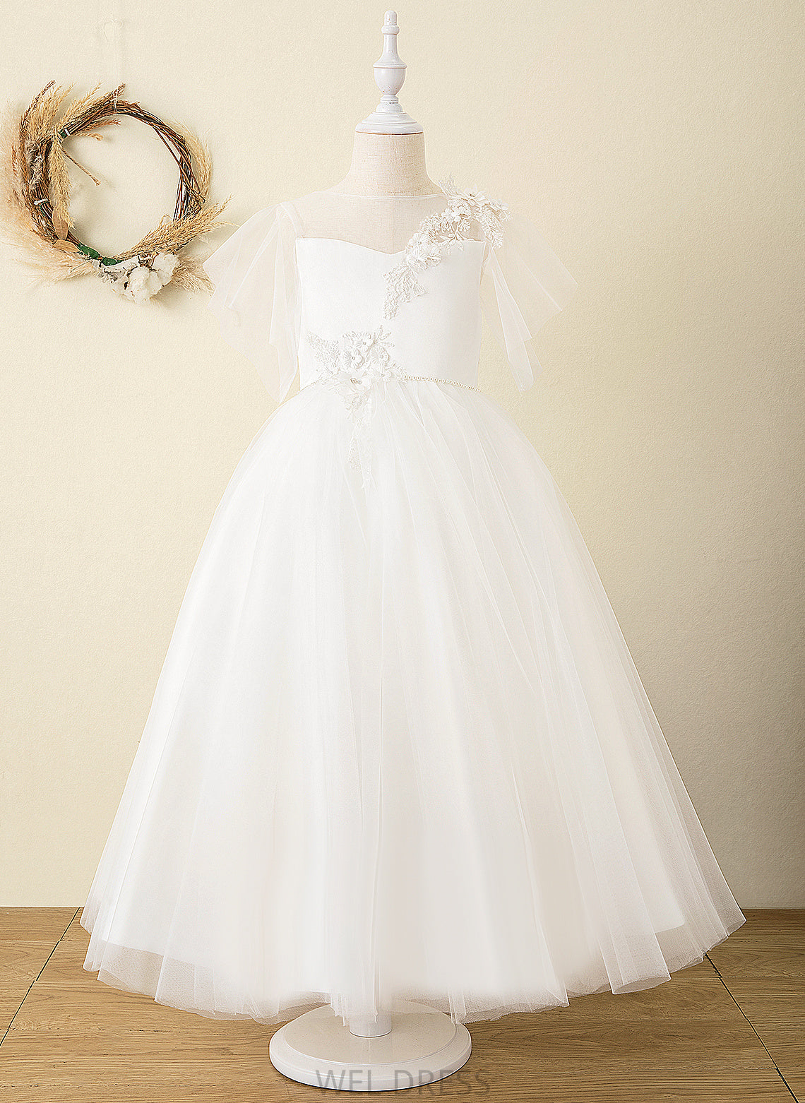 Girl Short V Ball-Gown/Princess Satin/Tulle/Lace Flower Girl Dresses With Dress Flower Danika Scoop Sleeves Ankle-length Neck - Back