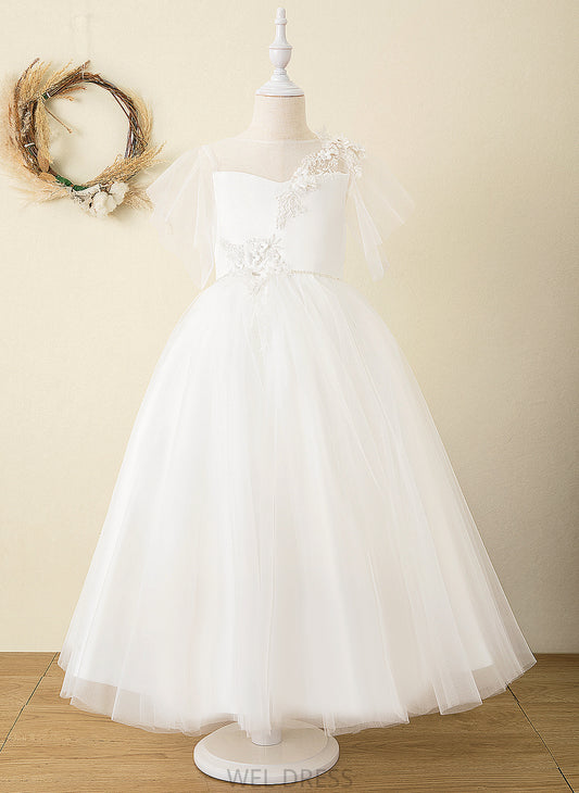 Girl Short V Ball-Gown/Princess Satin/Tulle/Lace Flower Girl Dresses With Dress Flower Danika Scoop Sleeves Ankle-length Neck - Back