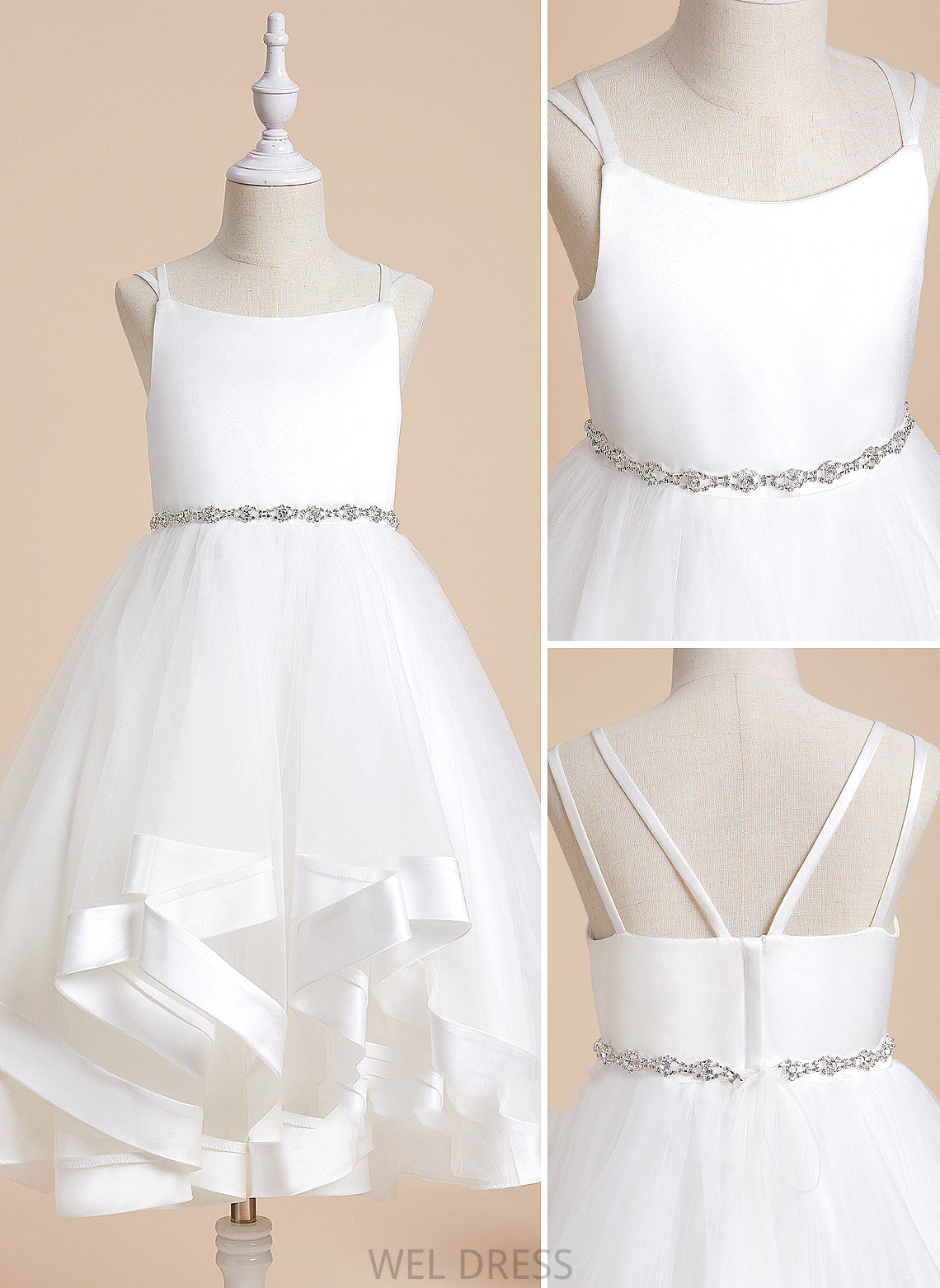 Tea-length Dress Flower Straps Girl - Carolyn Satin/Tulle Sleeveless Flower Girl Dresses With A-Line Beading