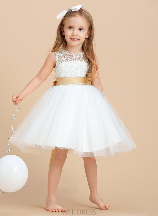 Satin/Tulle/Lace Dress Johanna - Sash/Bow(s)/Back Hole With Neck A-Line Flower Sleeveless Flower Girl Dresses Knee-length Scoop Girl