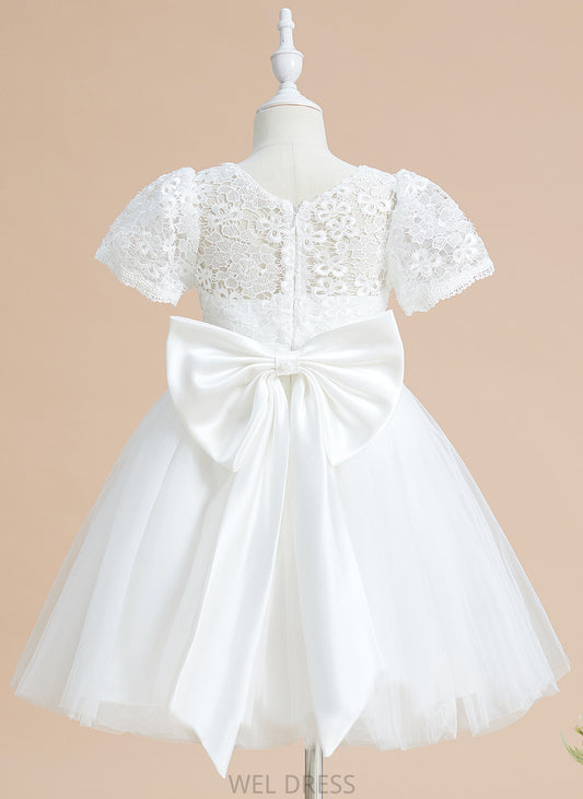 Flower Bow(s) Short Sleeves Knee-length With - A-Line Neck Tulle/Lace Daisy Scoop Dress Girl Flower Girl Dresses