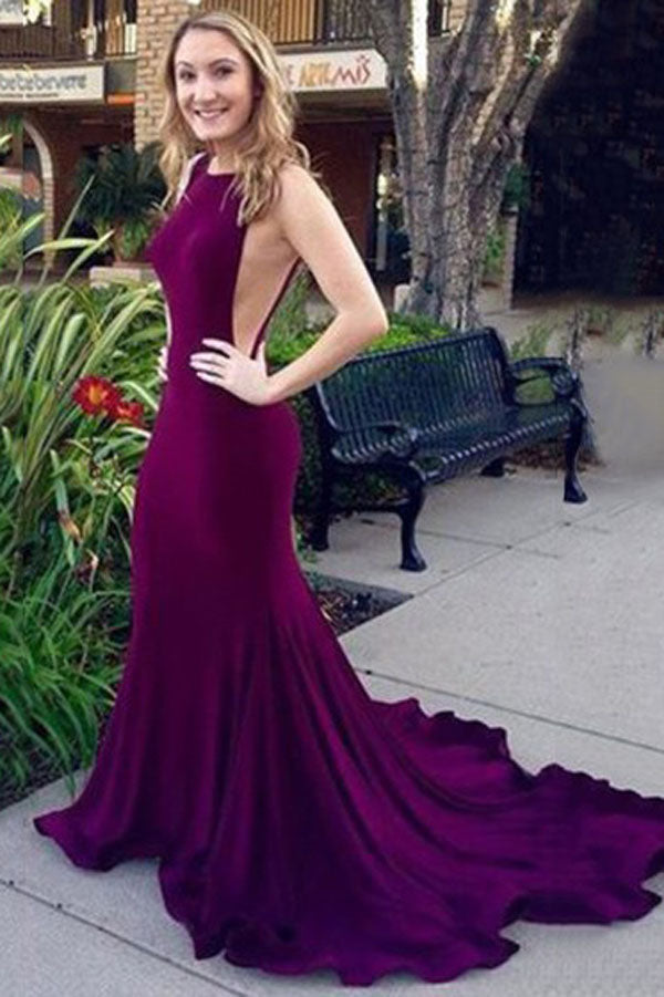 Burgundy Sheath Court Train Jewel Neck Sleeveless Backless Prom Dresses