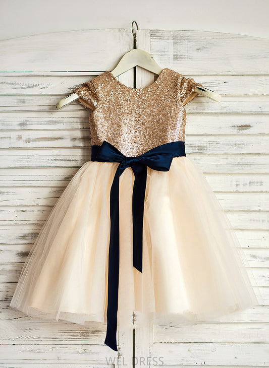 Tulle Sash Knee-Length Scoop With Makenzie Neck Junior Bridesmaid Dresses A-Line