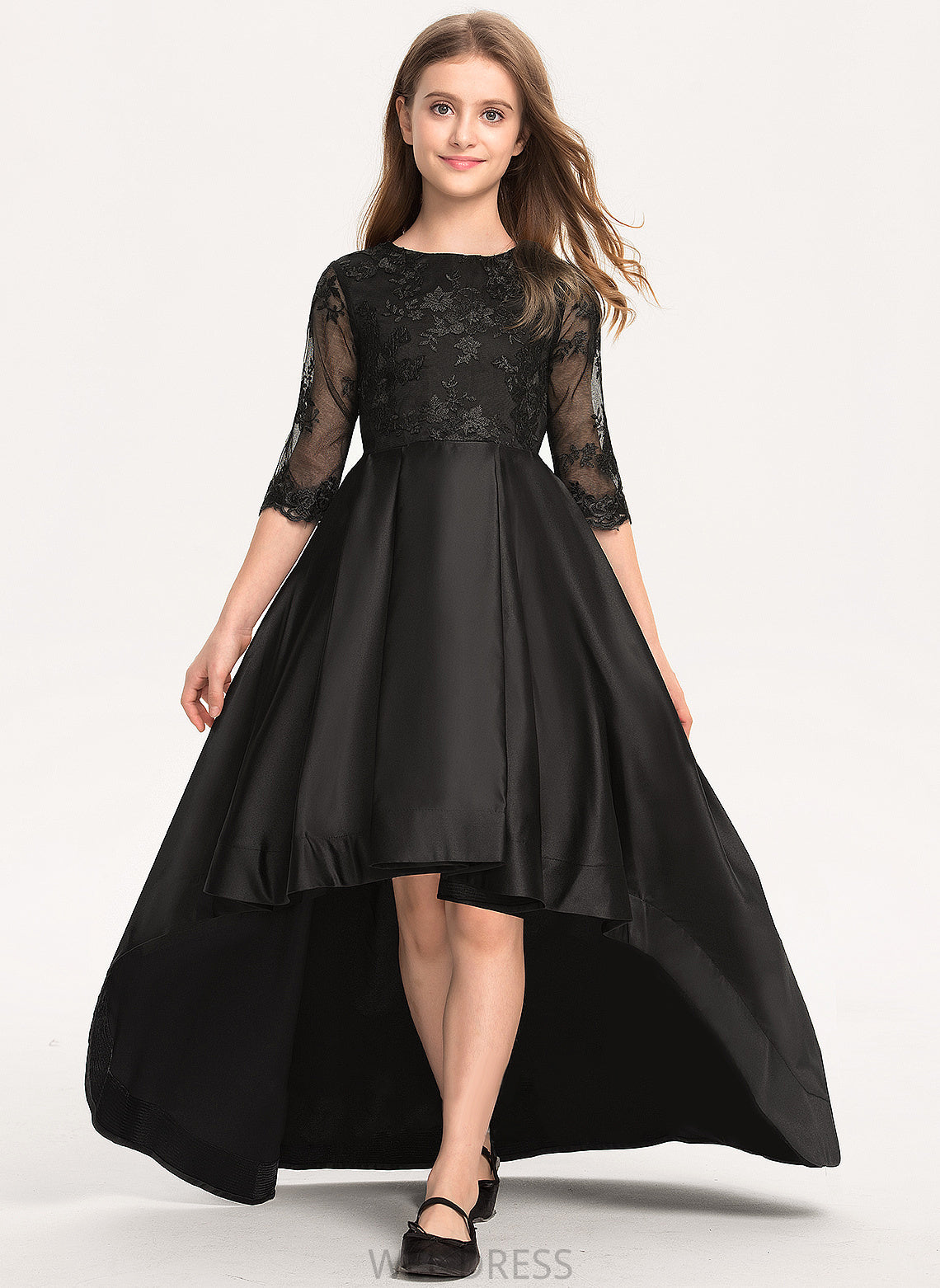 Scoop With Girl Asymmetrical Lace Sleeves 3/4 A-Line Flower - Sienna Neck Dress Satin Flower Girl Dresses