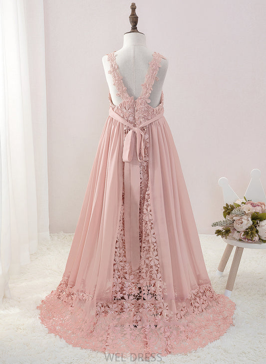 Flower Girl Dresses A-Line Jennifer Beading Dress Sleeveless Flower Girl Chiffon/Lace With V-neck Floor-length -