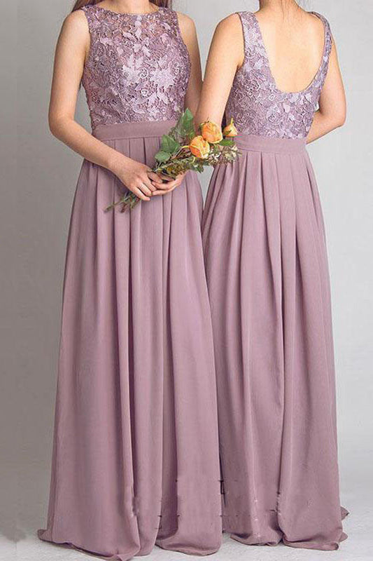 A Line Floor Length Jewel Neck Sleeveless Appliques Bridesmaid Dresses