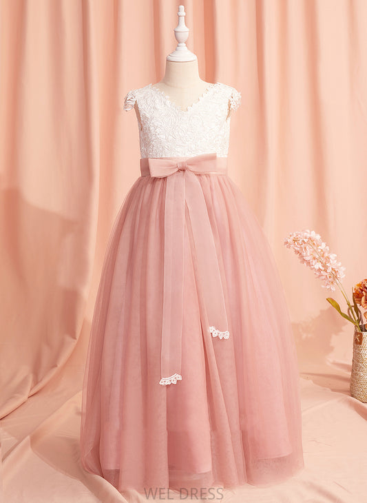 Tulle Dress Girl Sash/Bow(s)/V With Flower Girl Dresses Back - Short Floor-length Sleeves Kylie Flower Ball-Gown/Princess V-neck